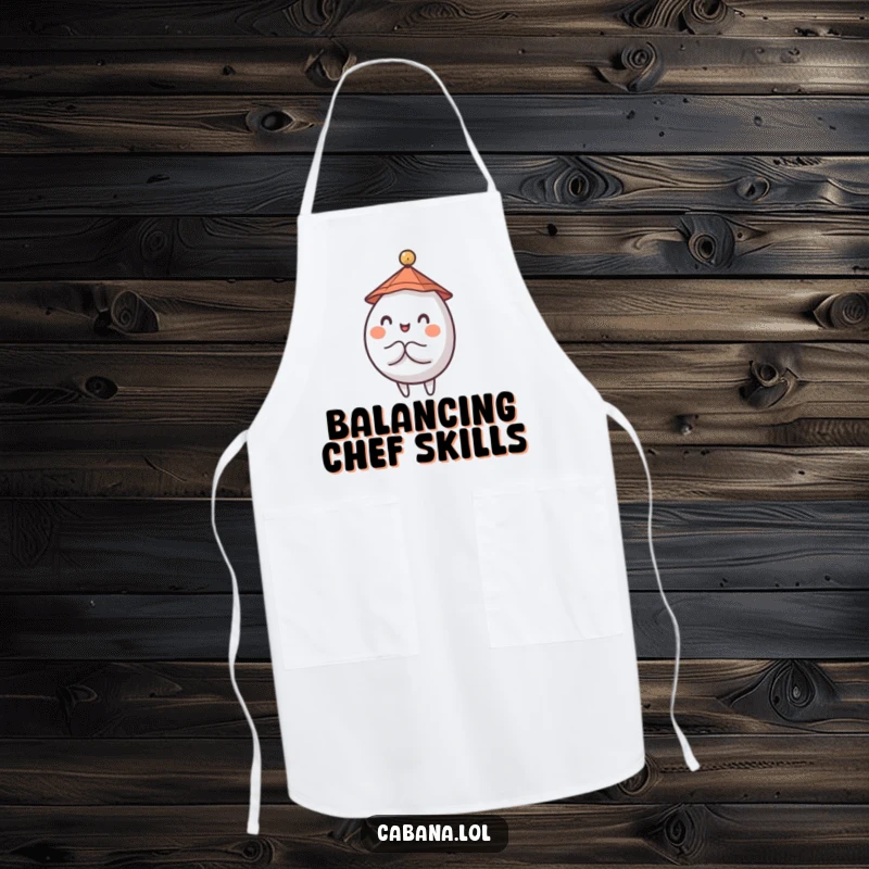 Funny apron with a wobbly, round character in a tiny hat, happily balancing a small umbrella.