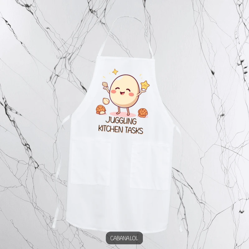 Funny apron of a giggling, bouncy object with small legs juggling three bright seashells.