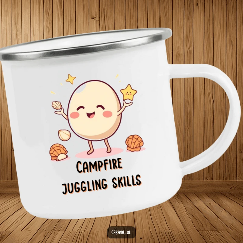 Funny camping mug of a giggling, bouncy object with small legs juggling three bright seashells.