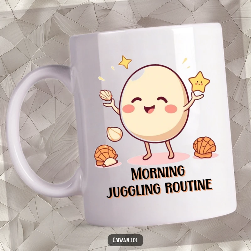 Funny mug of a happy, bouncy object with small legs giggling while juggling three colorful seashells.
