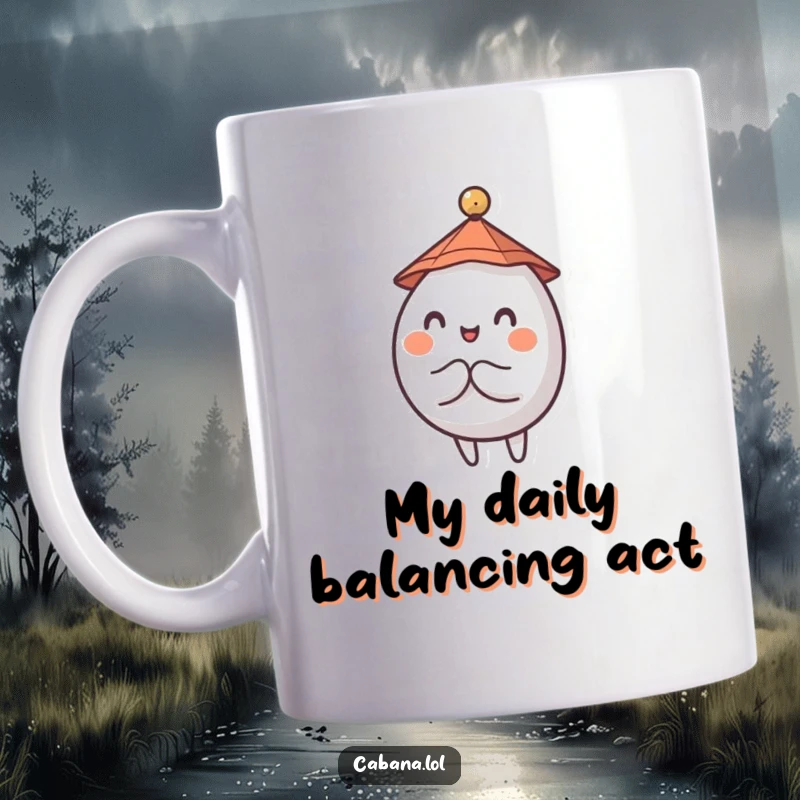 Funny mug showing a wobbly, round character in a tiny hat, happily balancing a small umbrella with a smile.
