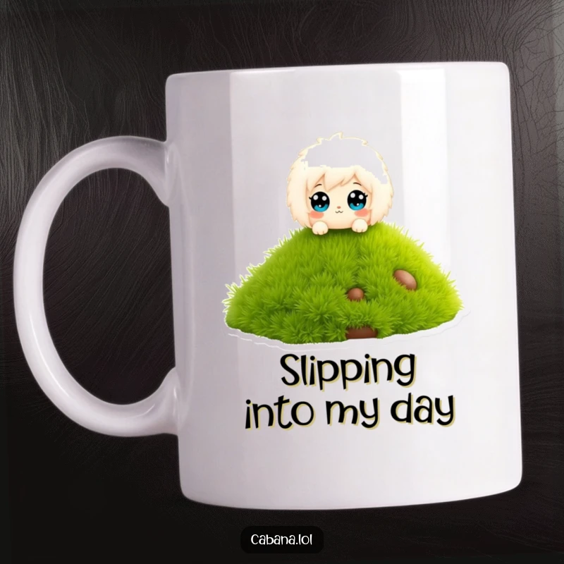 Funny mug showing a fluffy character with wide eyes, happily sliding down a miniature grass slide.