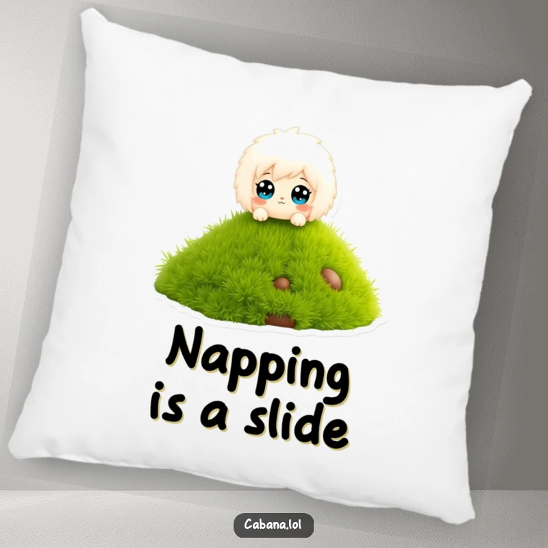 Funny pillow of a fluffy character with wide eyes, sliding down a miniature grass slide.