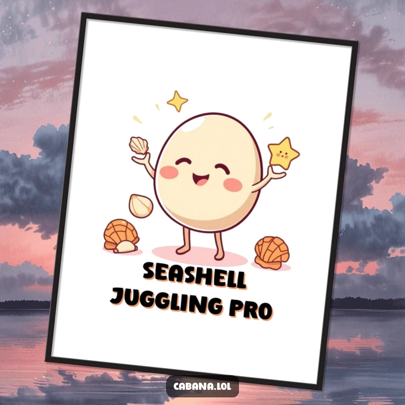 Funny digital art print of a giggling, bouncy object with small legs juggling three bright seashells.