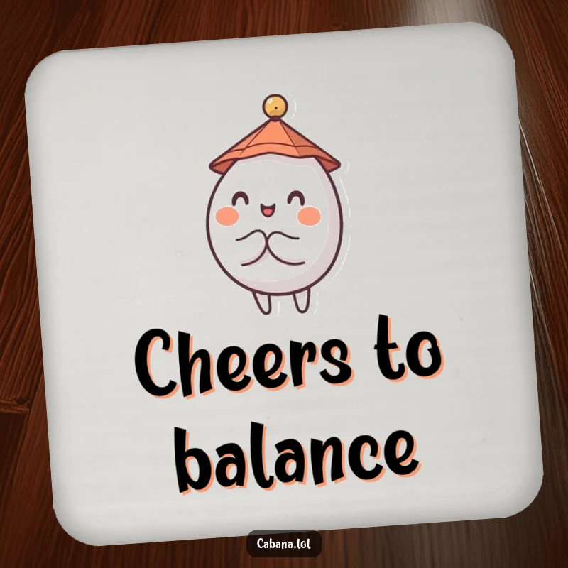 Funny drink coaster with a wobbly, round character, tiny hat, balancing a small umbrella.