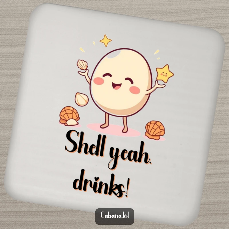 Funny drink coaster of a giggling, bouncy object with small legs juggling three bright seashells.