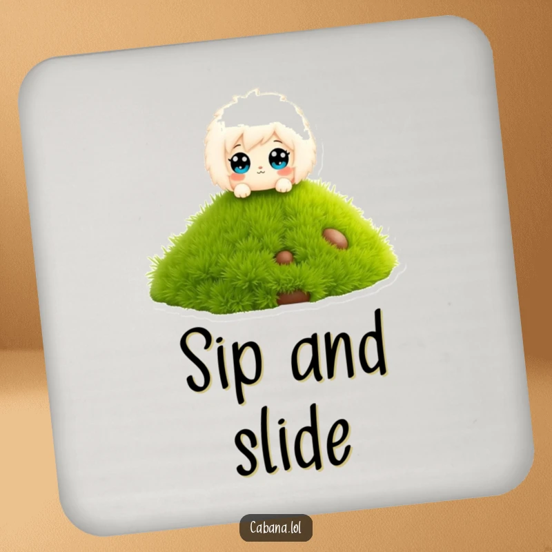 Funny drink coaster of a fluffy character with wide eyes, sliding down a miniature grass slide.