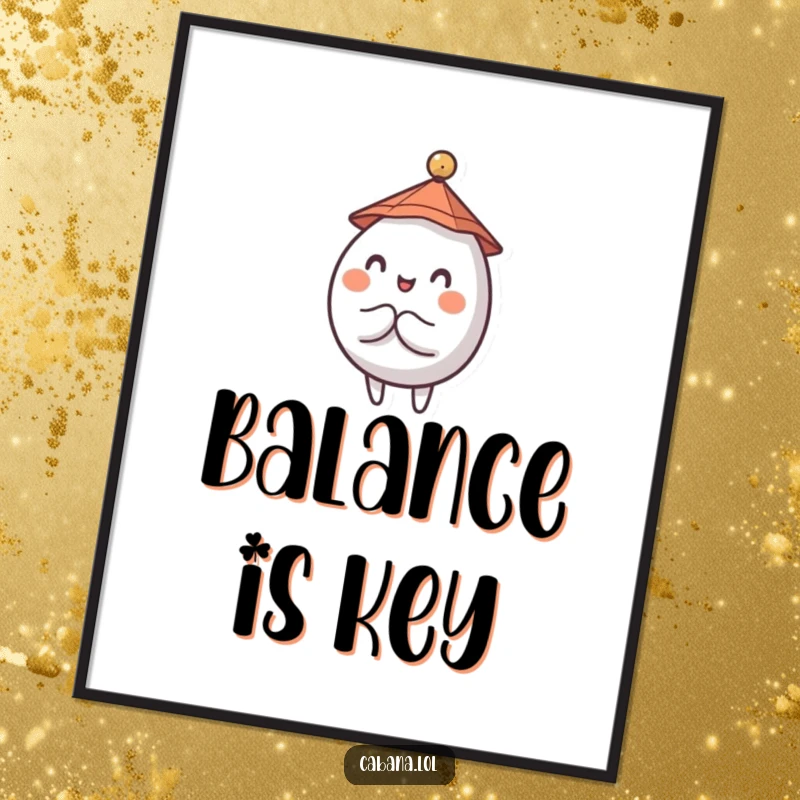 Funny poster illustrating a wobbly, round character, complete with a tiny hat, balancing a small umbrella.