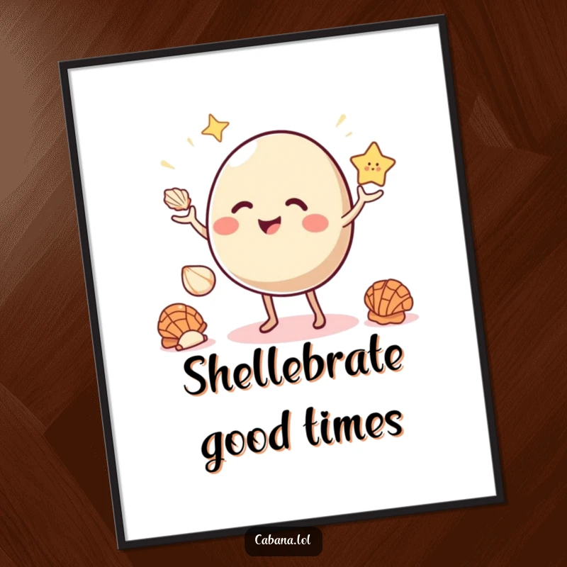 Funny poster of a giggling, bouncy object with small legs juggling three bright seashells.