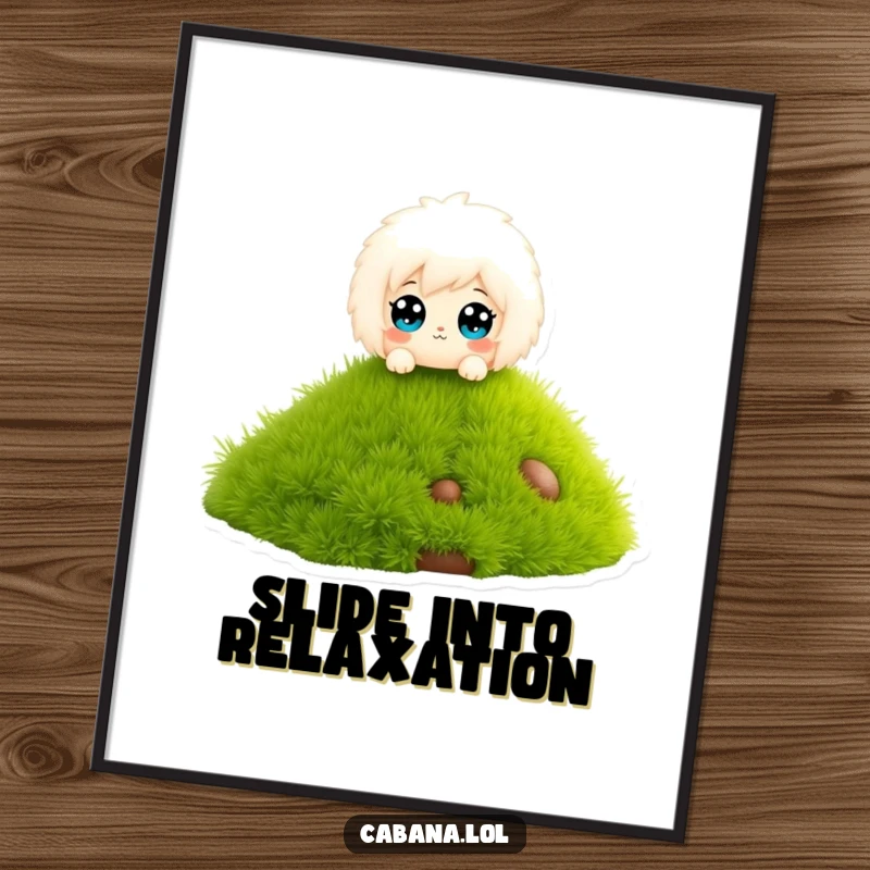 Funny poster of a fluffy character with wide eyes, enjoying a slide down a miniature grass slide.