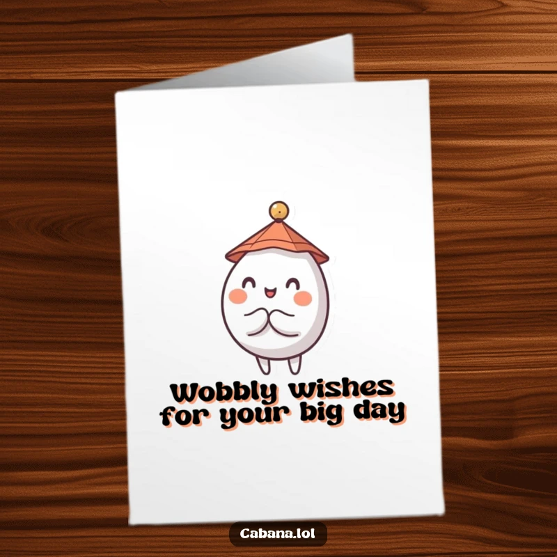 Funny Free Printable Birthday Card featuring a wobbly, round character in a tiny hat, precariously balancing a tiny umbrella with a smile.
