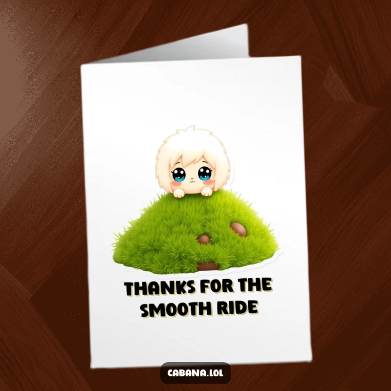 Funny Free Printable Thank You Card: a wide-eyed fluffy character enjoying a slide down a miniature grassy slope, conveying gratitude.