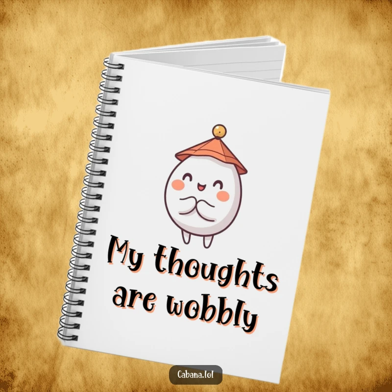 Funny notebook with a wobbly, round character, wearing a tiny hat, balancing a small umbrella.