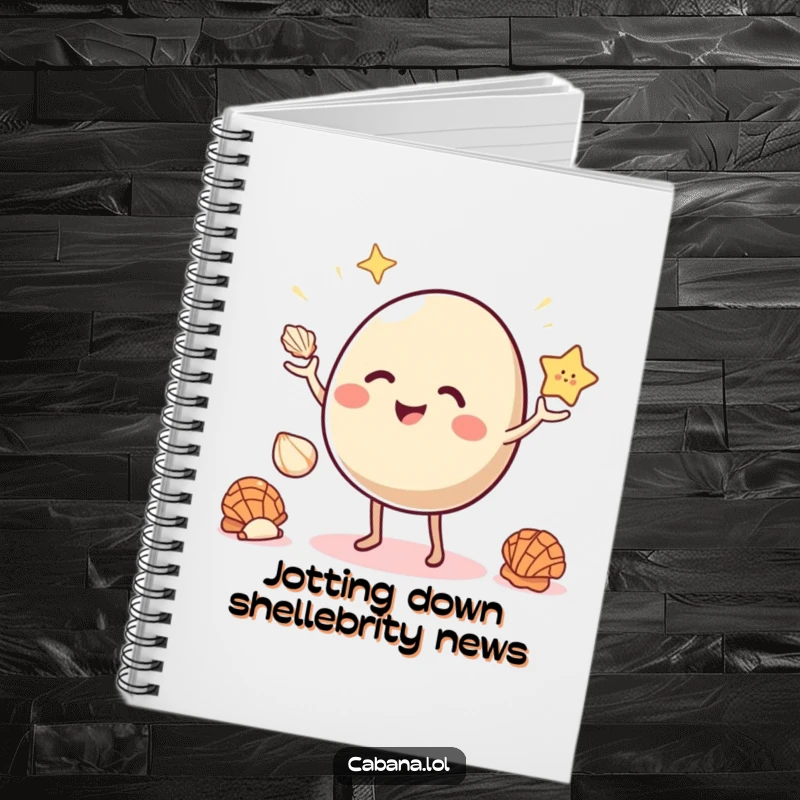 Funny notebook of a giggling, bouncy object with small legs juggling three bright seashells.