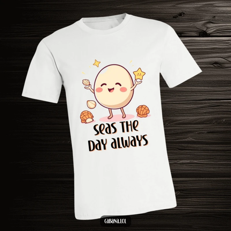 Funny t-shirt of a giggling, bouncy object with small legs skillfully juggling three bright seashells.