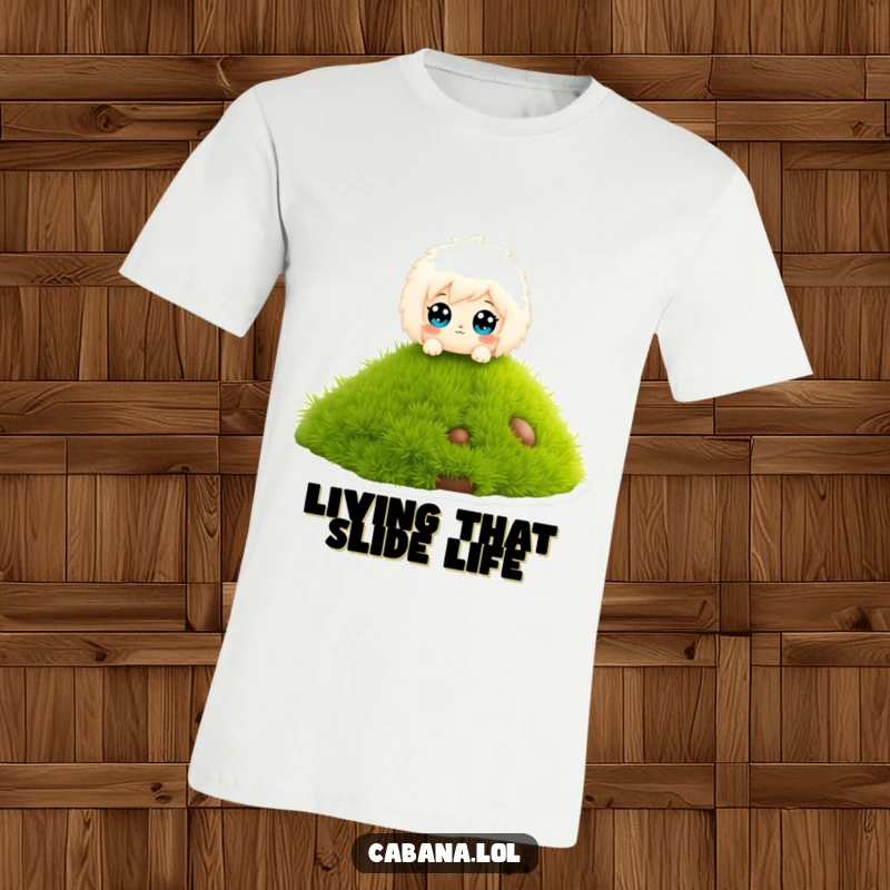 Funny t-shirt of a fluffy character with wide eyes, enjoying a ride down a small grassy slide.