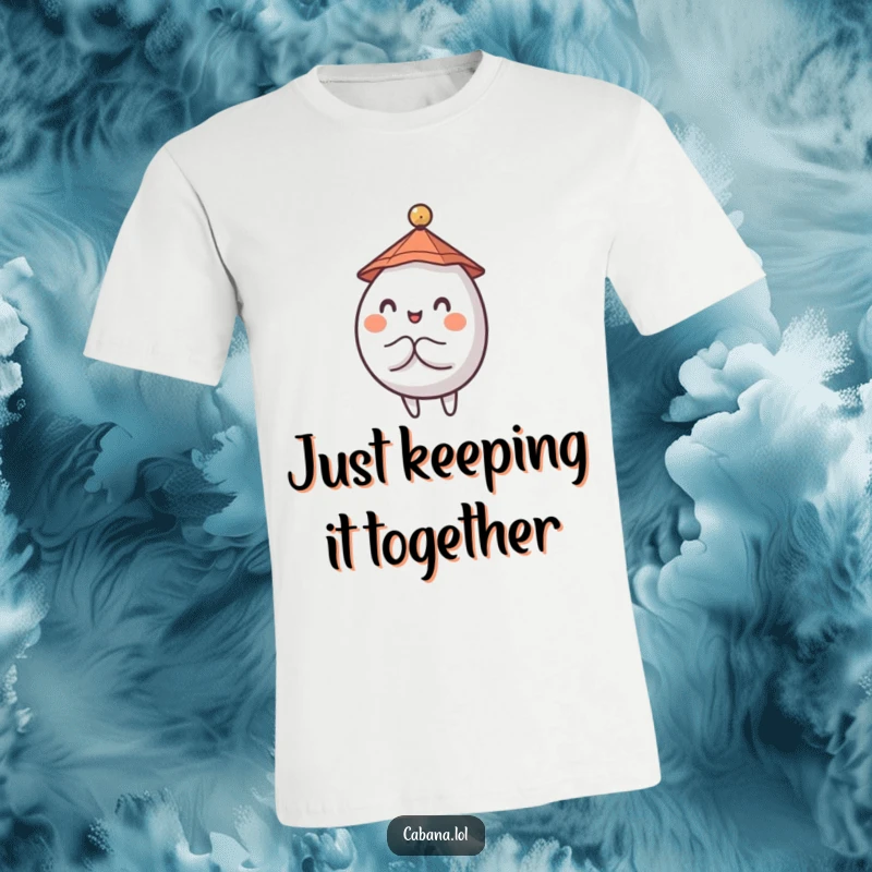 Funny t-shirt featuring a wobbly, round character with a tiny hat, joyfully balancing a small umbrella.
