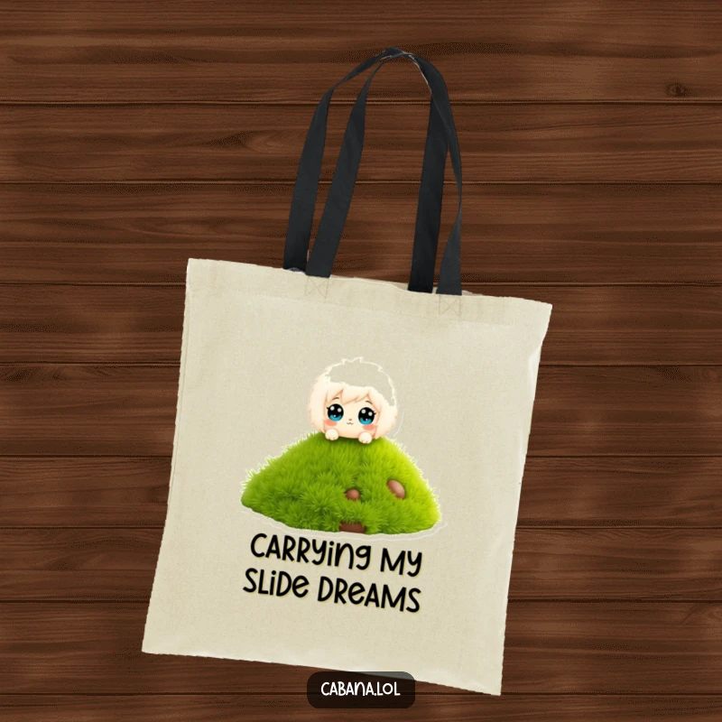 Funny tote bag with a fluffy character, wide eyes, sliding down a miniature grass-covered slide.