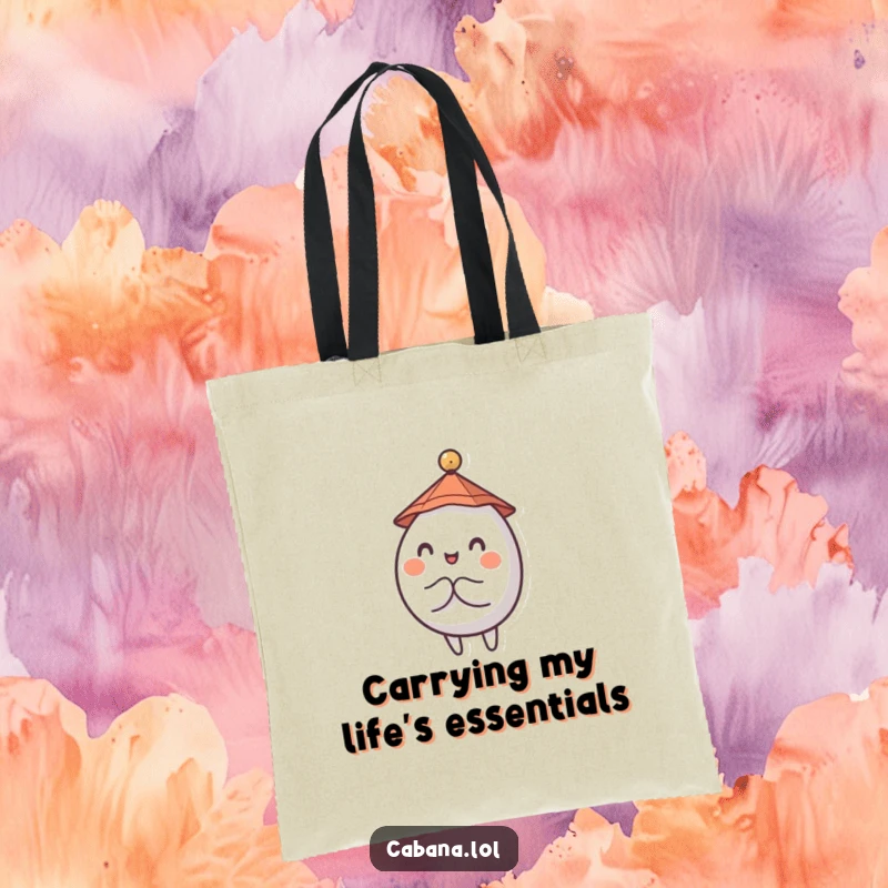 Funny tote bag with a wobbly, round character in a small hat, expertly balancing a tiny umbrella.